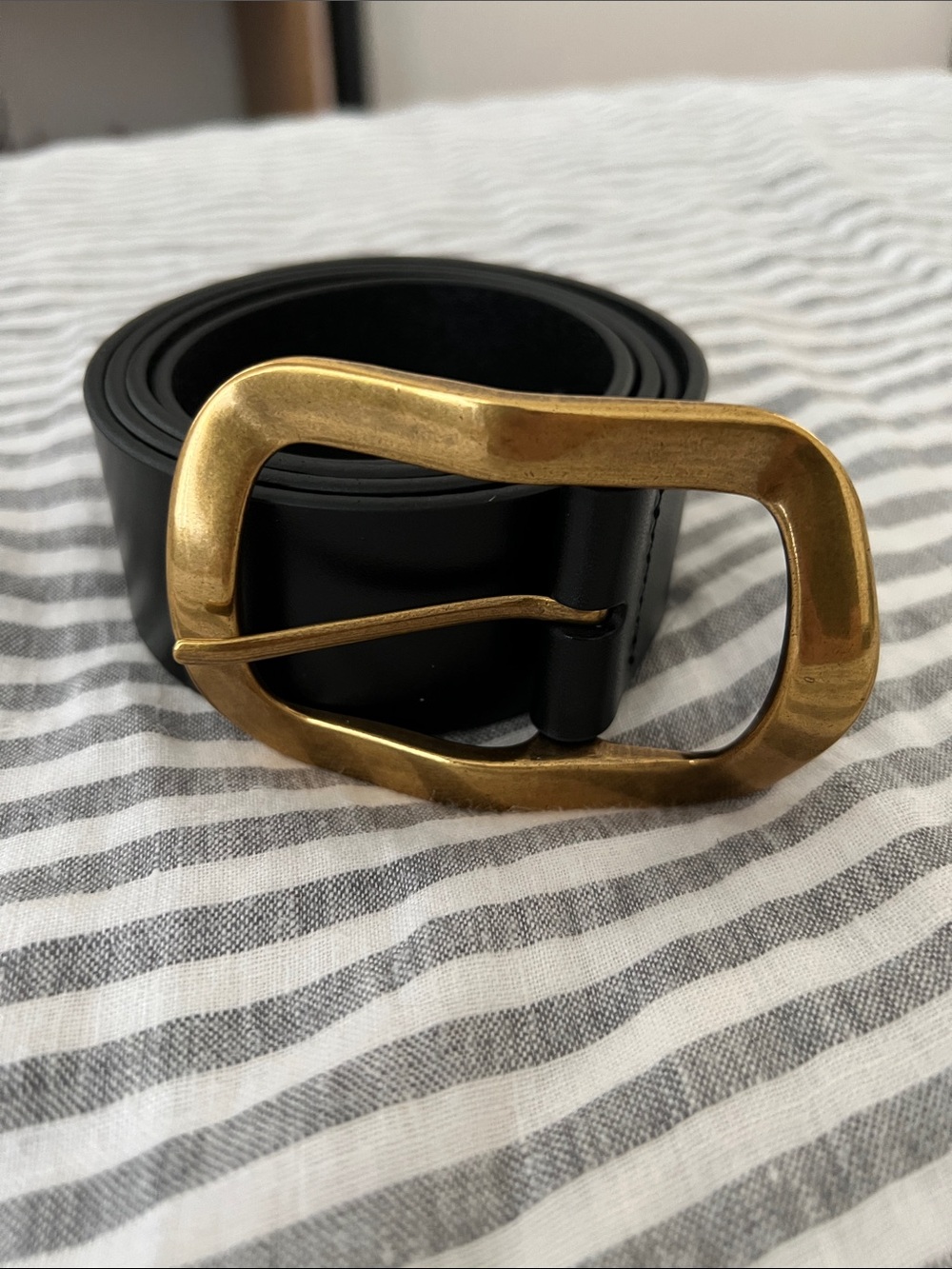 Anthropologie Black Leather Belt with Distressed Gold Oval Buckle